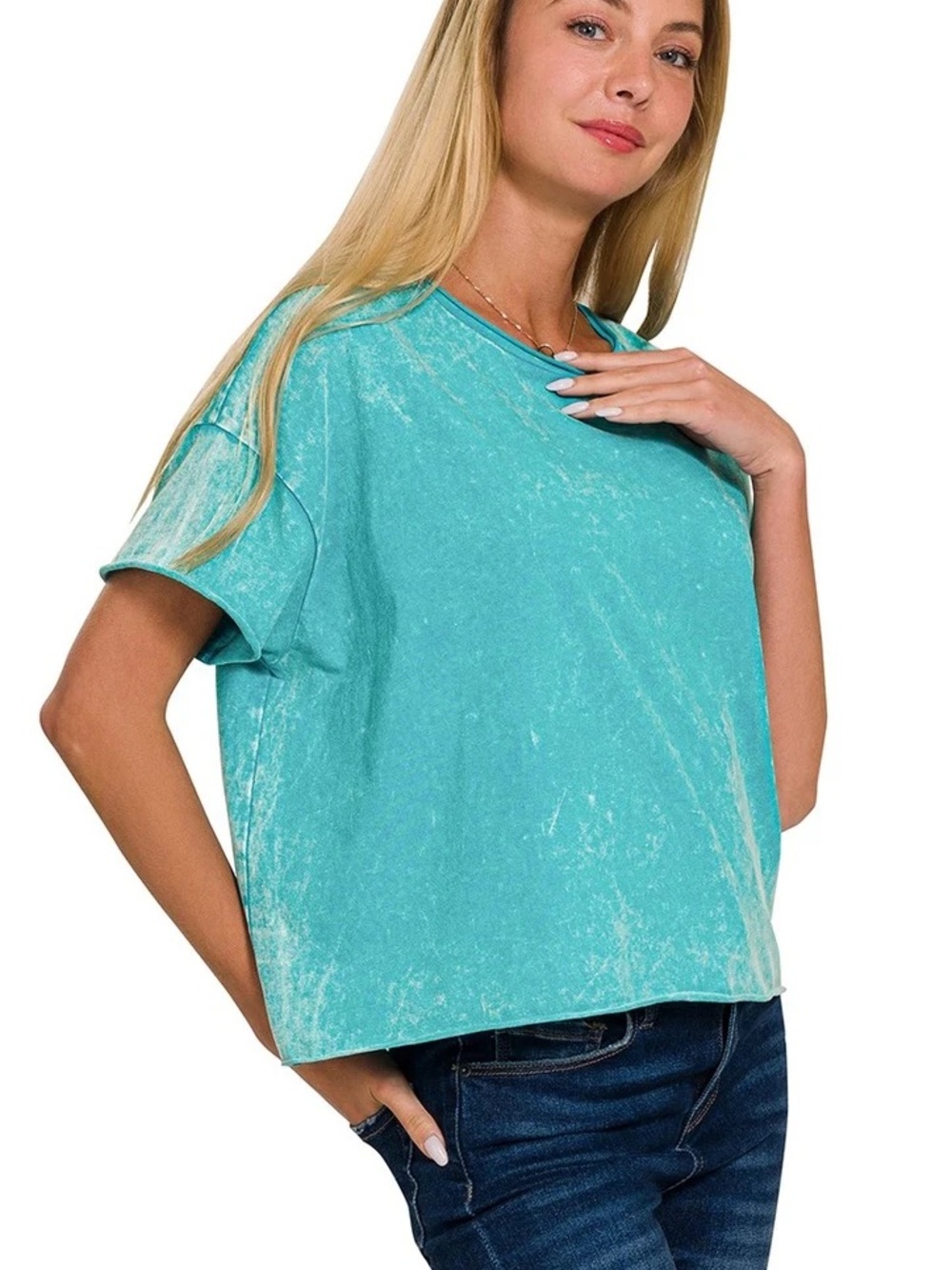 Zenana Teal Mineral Wash Oversized Crop Top Tee S/M NEW Comfort Y2K